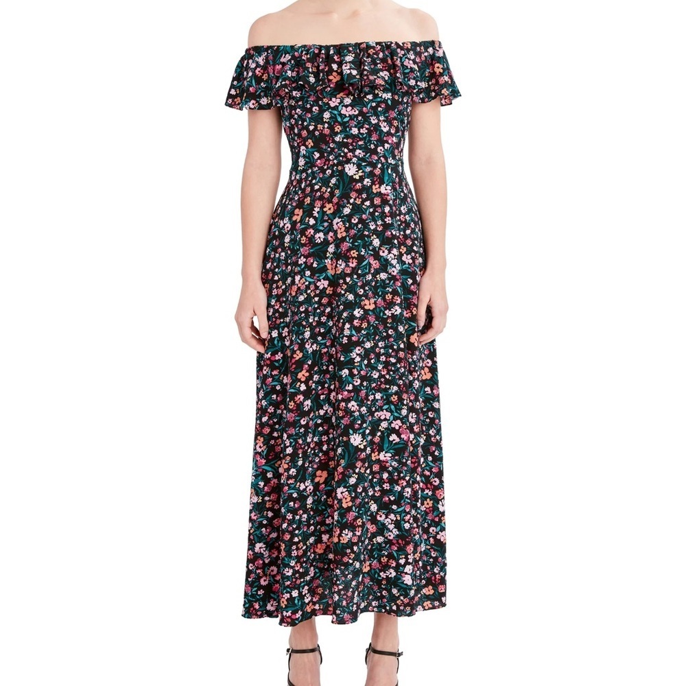 NWT BCBG Whimsical Bohemian Paris Floral Ruffle Off-Shoulder Maxi Dress